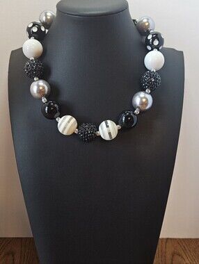 Statement Chunky Beaded Necklace Black White Silver Rhinestone Polka Dot Ribbon